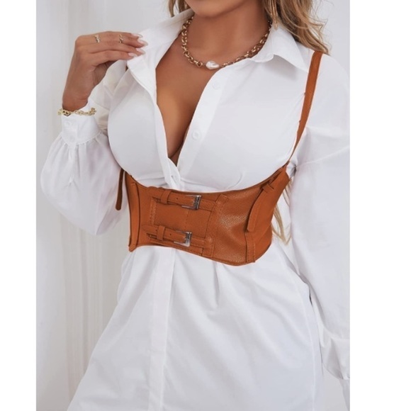 Womens Sexy Steampunk Vegan Coffee Leather Bustier Underbust Waist Belt Corset - Picture 6 of 7